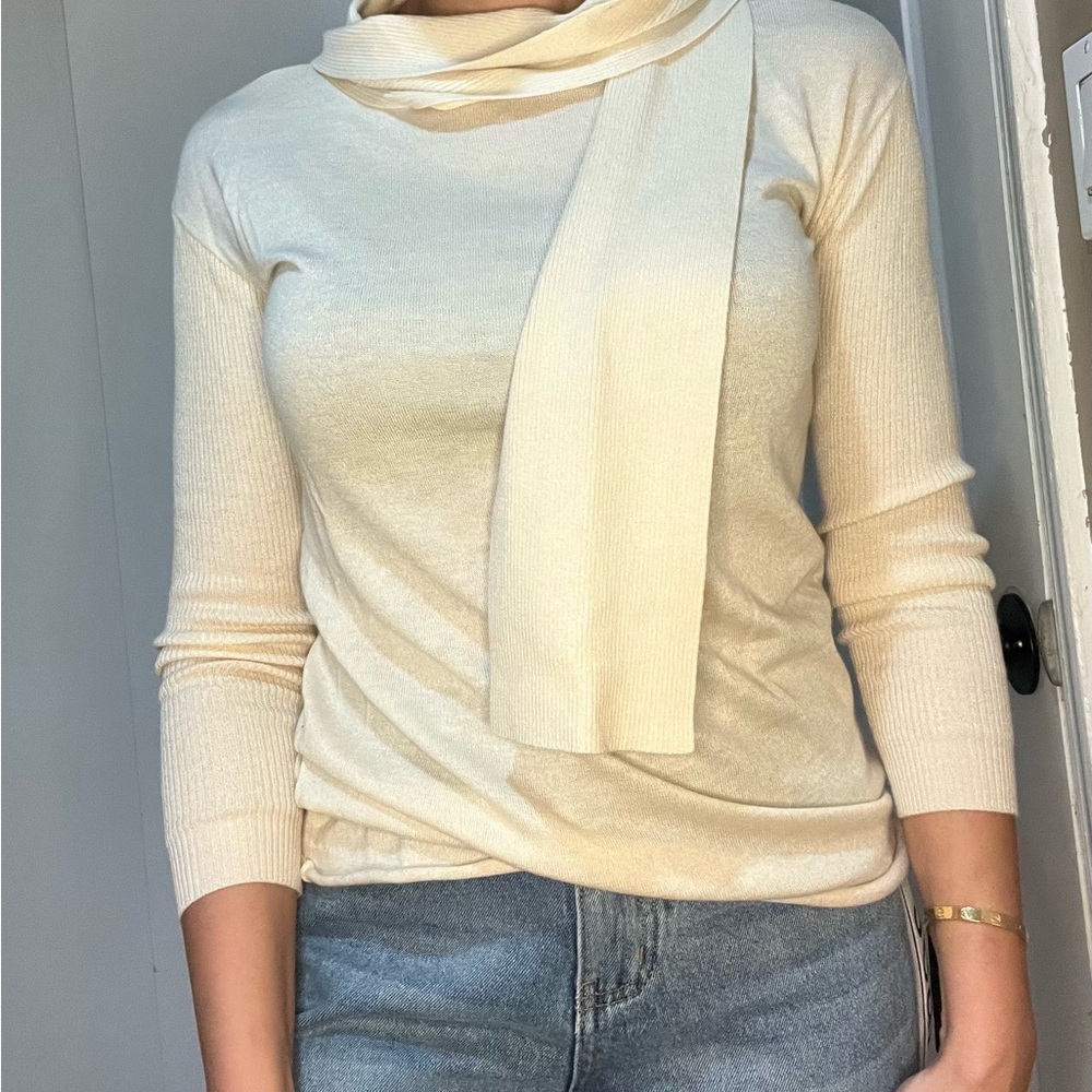 Elegant Cream Sweater with Scarf Accent